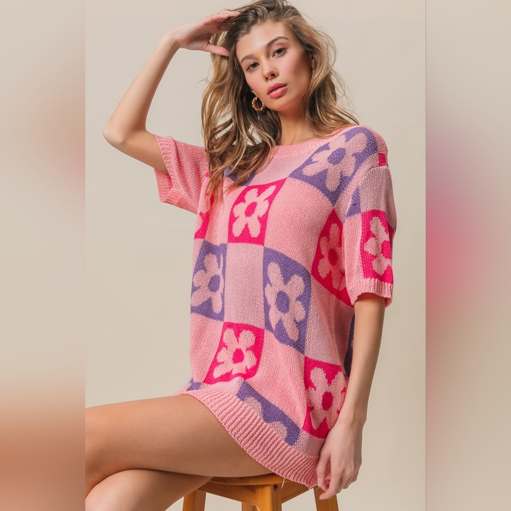 New Arrival!! BiBi Flower Checker Pattern Short Sleeve Sweater